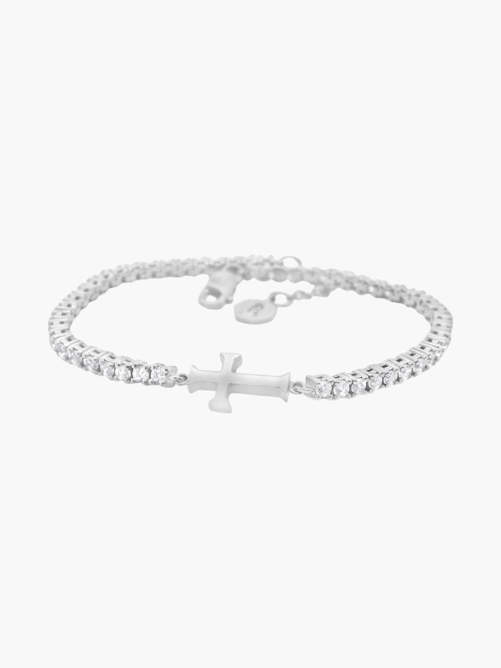 Luminous cross tennis bracelet in sterling silver from the Calvary collection.  A wonderful Christian Jewelry Gift by Rizen Jewelry.