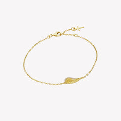 18k gold plated bracelet featuring the divine angel wing motif highly polished with cubic zirconia stone accents on a cable chain with a dainty cross tag by Rizen Jewelry.