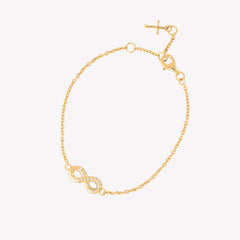 18k gold vermeil Infinite Hope bracelet with sparkling ichthys nestled within the infinity symbol. 