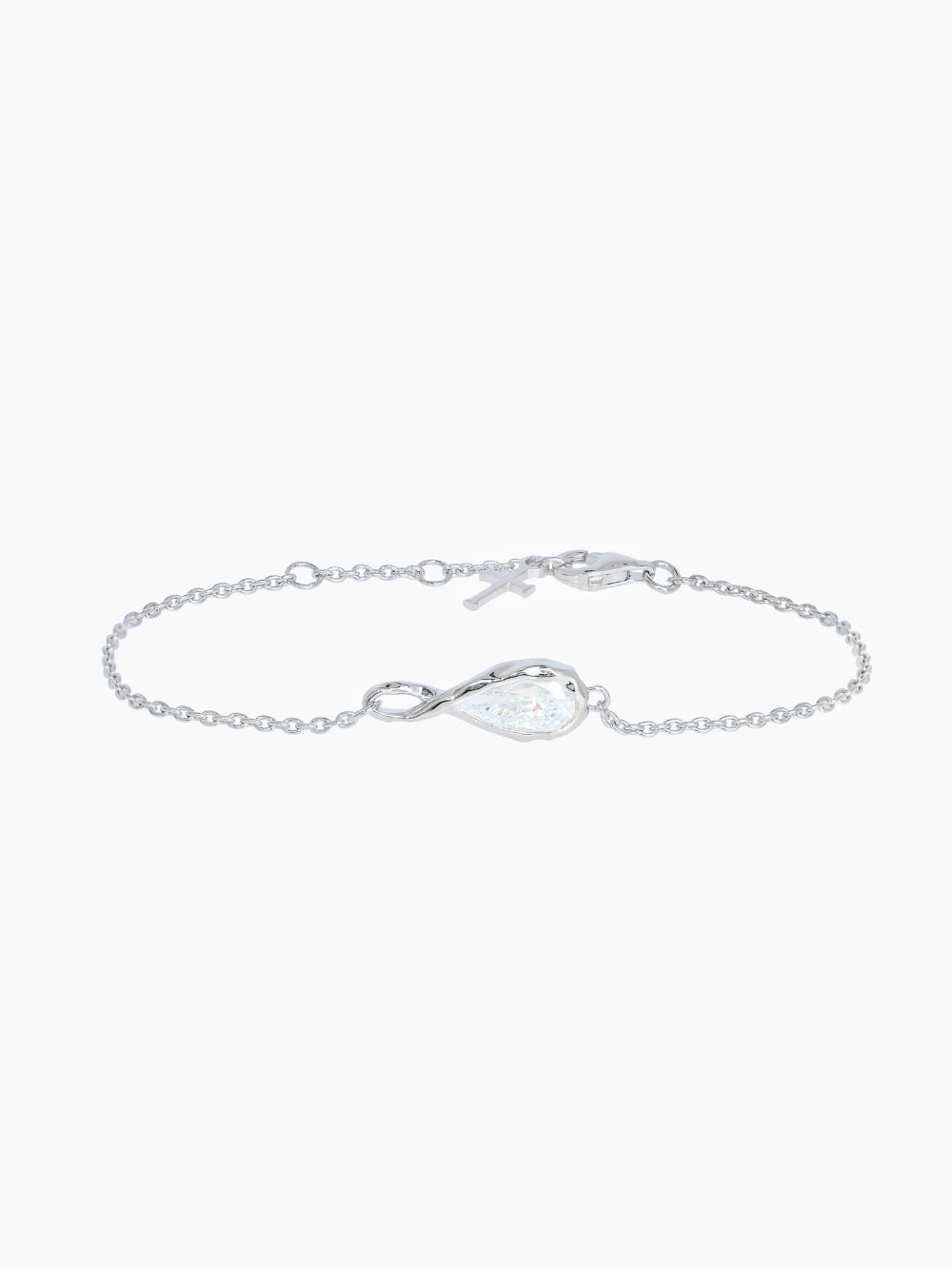 Rizen Jewelry Solace Teardrop Bracelet is a delicate silver cable chain bracelet with a teardrop infinity pendant with a tear drop shaped simulated diamond, adjustable to 3 different lengths with the signature Rizen Cross Pendant Tag. 
