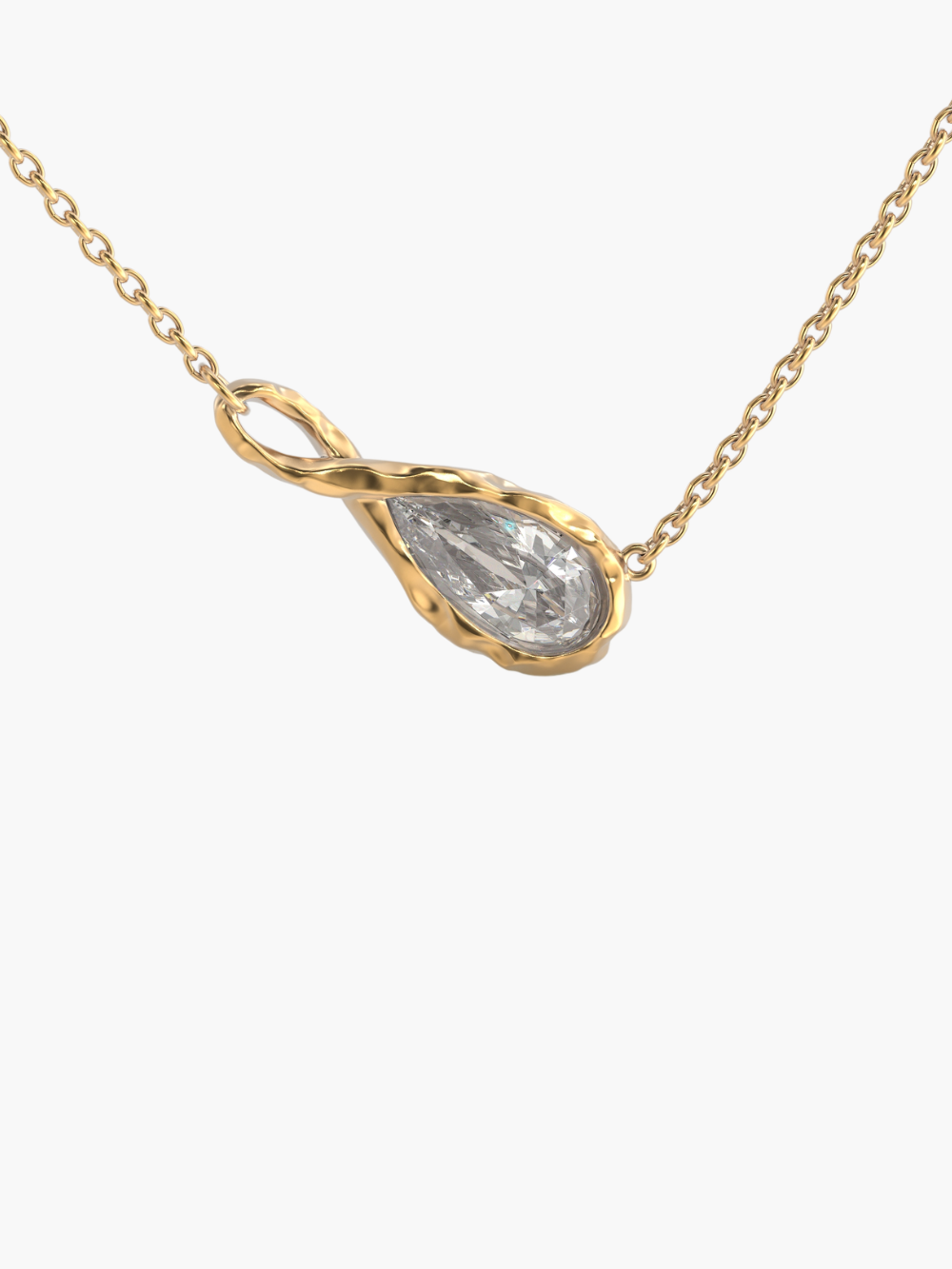 A delicate gold chain necklace featuring a teardrop-shaped simulated diamond pendant held in an infinity loop setting, designed by faith based Rizen Jewelry. Necklace is against a white backdrop.