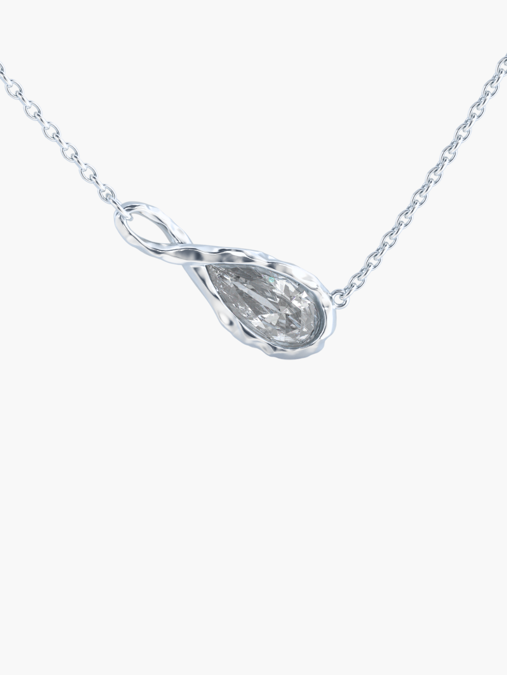 Rizen Jewelry Solace Teardrop Necklace features a silver infinity pendant necklace with a clear teardrop-shaped simulated diamond, on a delicate cable chain displayed against a solid off-white background.