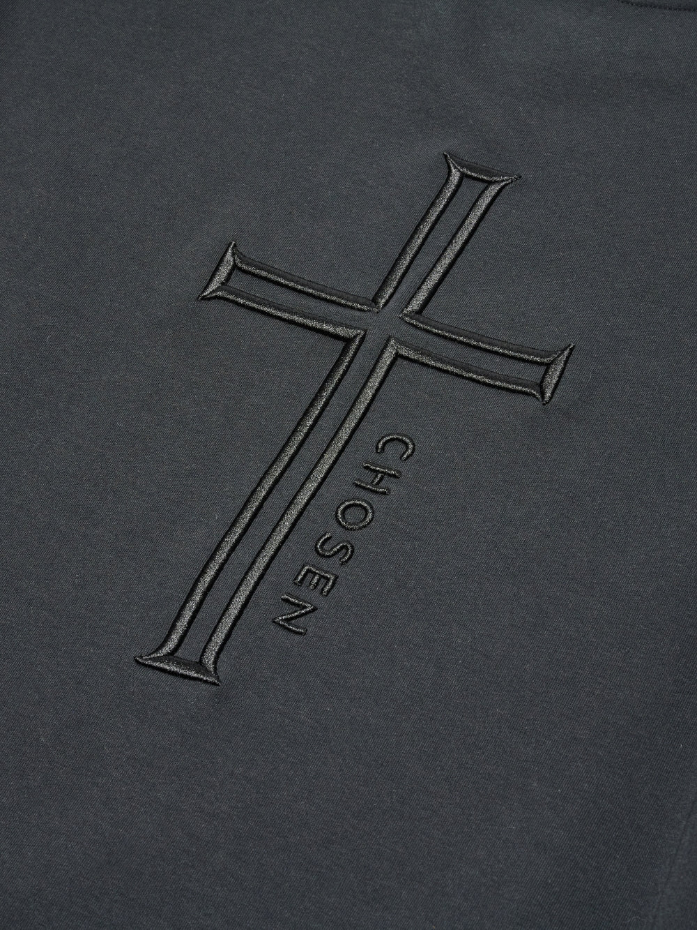 Close-up of Rizen Cross motif and “Chosen” embroidery on premium relaxed-fit crewneck sweatshirt