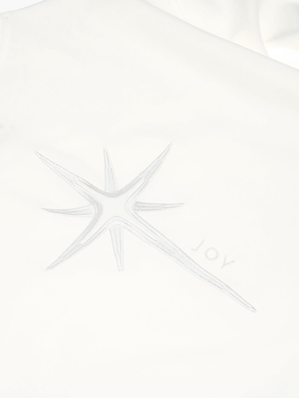 Close-up of JOY embroidery on premium relaxed-fit crewneck sweatshirt