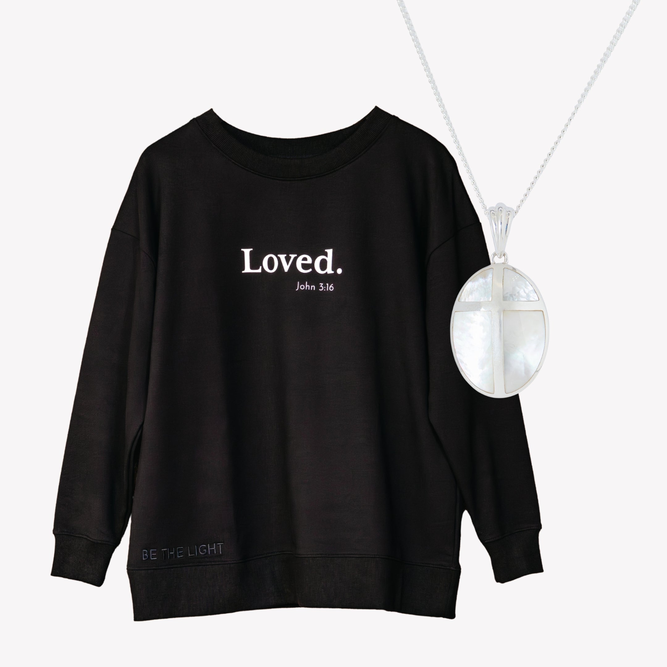 Loved Crew Sweatshirt | Mother of Pearl Cross Necklace Gift Set