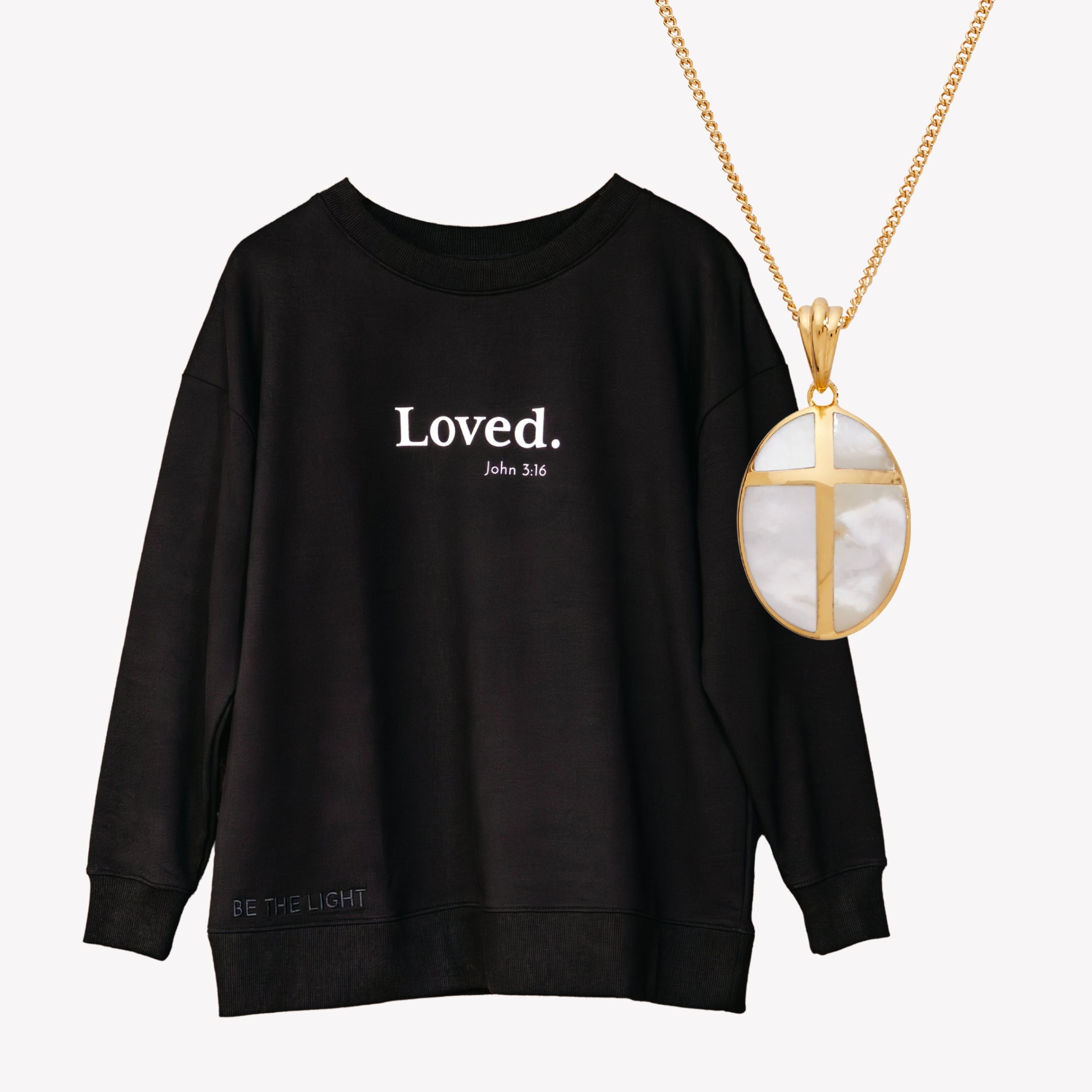 Loved Crew Sweatshirt | Mother of Pearl Cross Necklace Gift Set