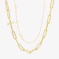 Close up of the chain breaker and calvary cross station necklaces in gold vermeil from the calvary collection by Rizen Jewelry