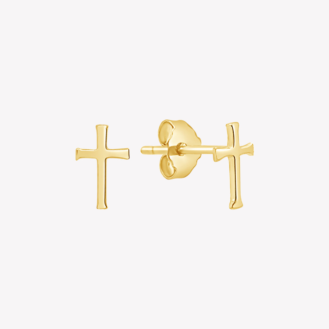 Close up of 18K gold vermeil Cross Earring from the Calvary Collection by Rizen Jewelry