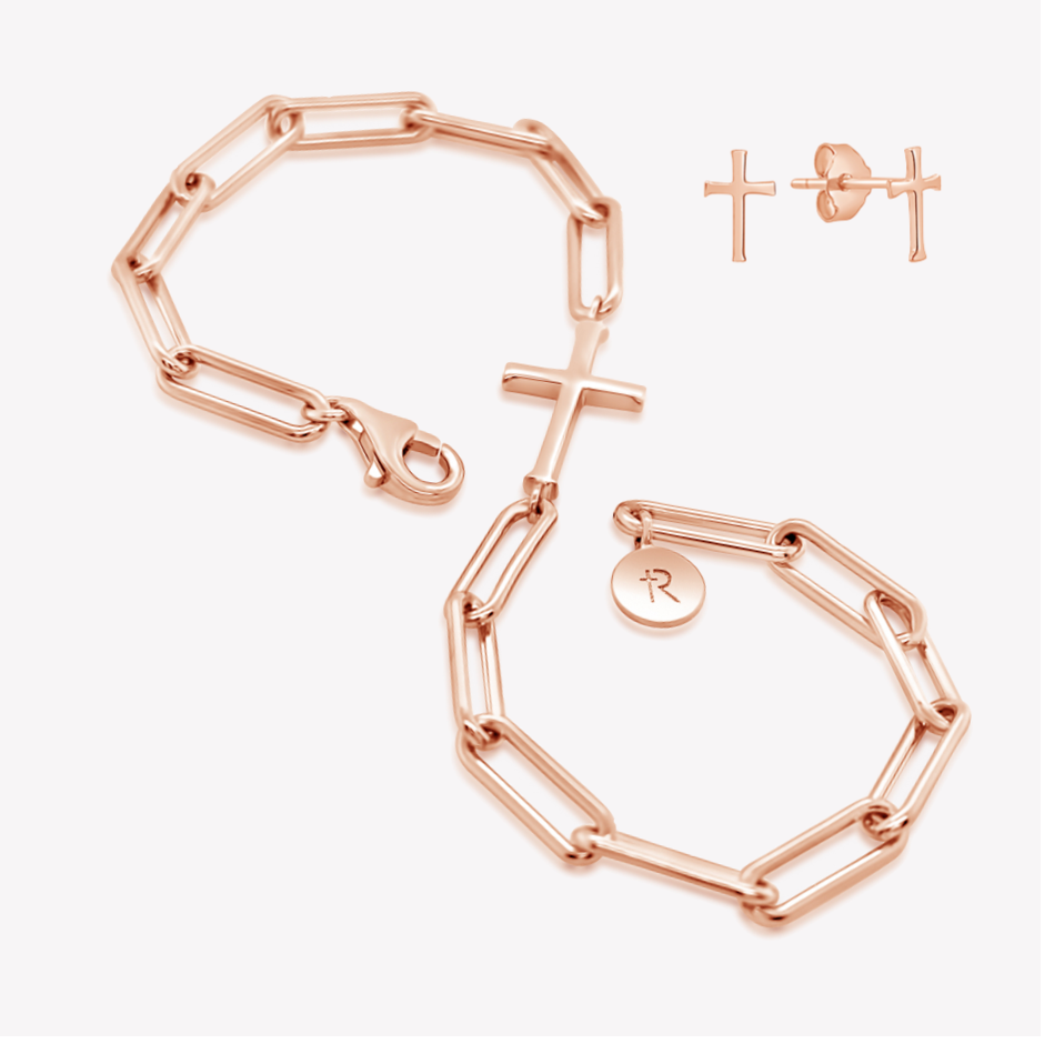 Chain Breaker Cross Bracelet and mini Cross Earring Set in 18k rose gold vermeil from the Calvary Collection by Rizen Jewelry.