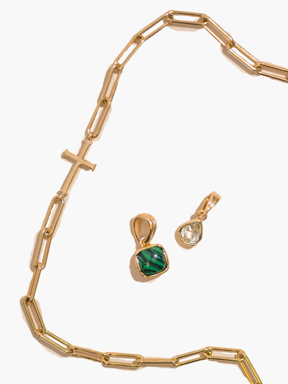 Gold chain breaker cross necklace with malachite and green quartz fully known prayer pendants 