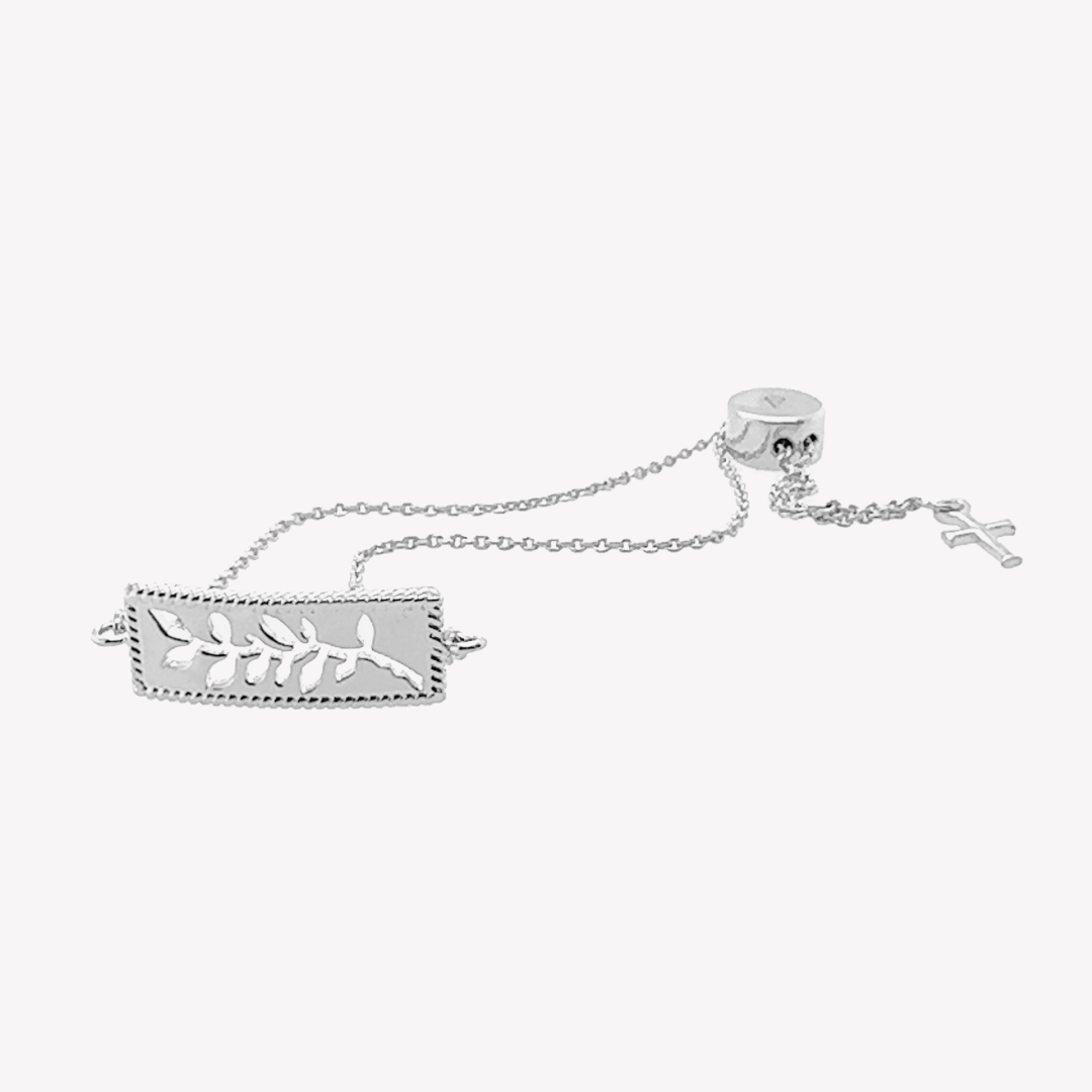 Sterling silver Olive Branch Bracelet with cross tag from the Rooted Collection by Rizen Jewelry. 