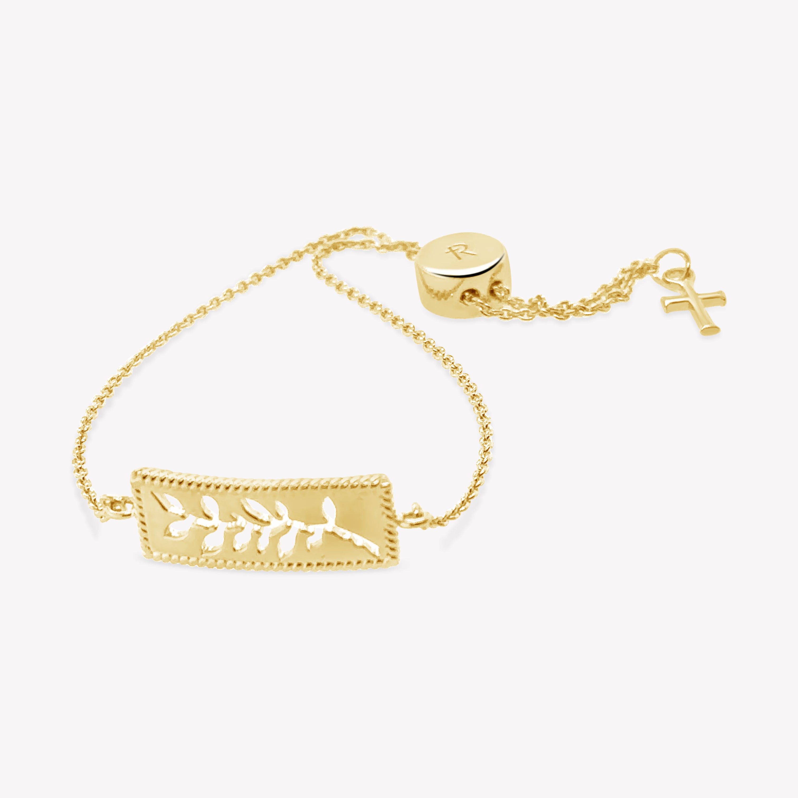 Intricately designed 18K gold vermeil Olive Branch Bracelet with cross tag from the Rooted Collection by Rizen Jewelry.