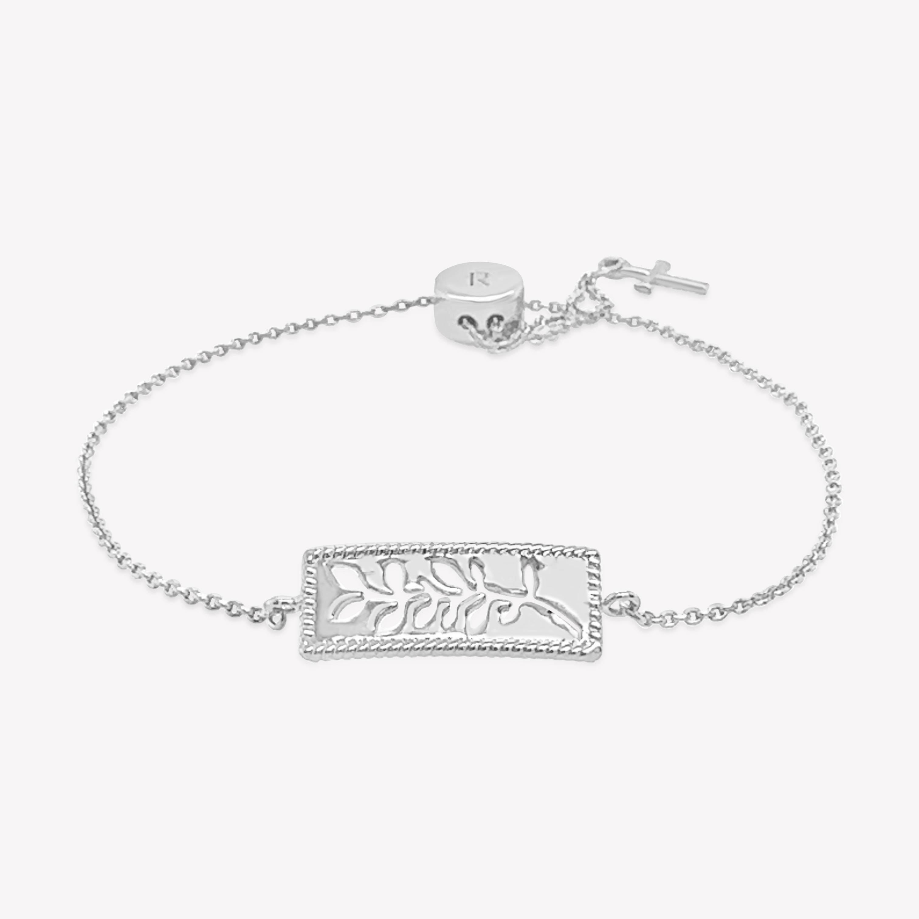 Intricately designed sterling silver Olive Branch Bracelet with cross tag from the Rooted Collection by Rizen Jewelry.