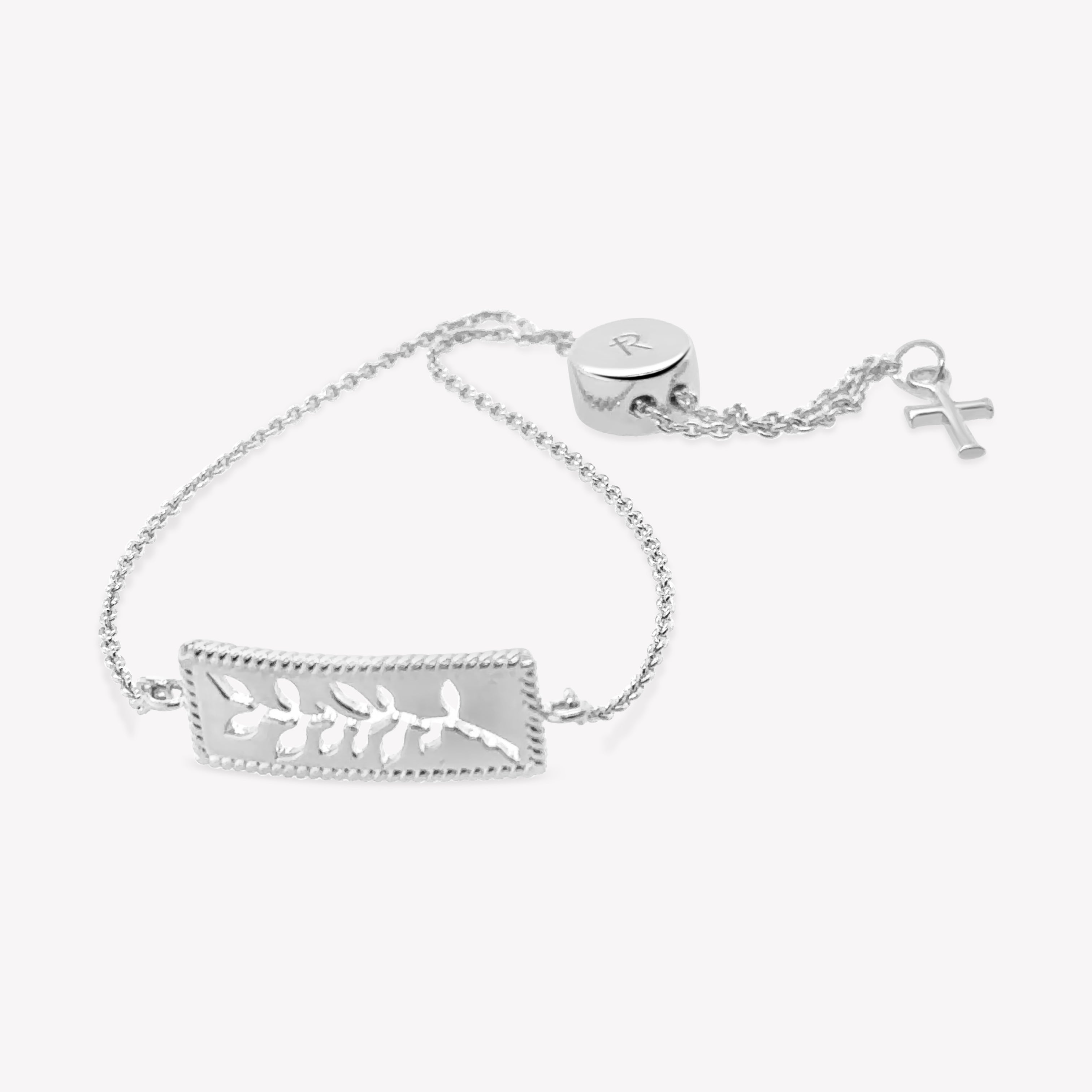 Intricately designed sterling silver Olive Branch Bracelet with cross tag from the Rooted Collection by Rizen Jewelry.