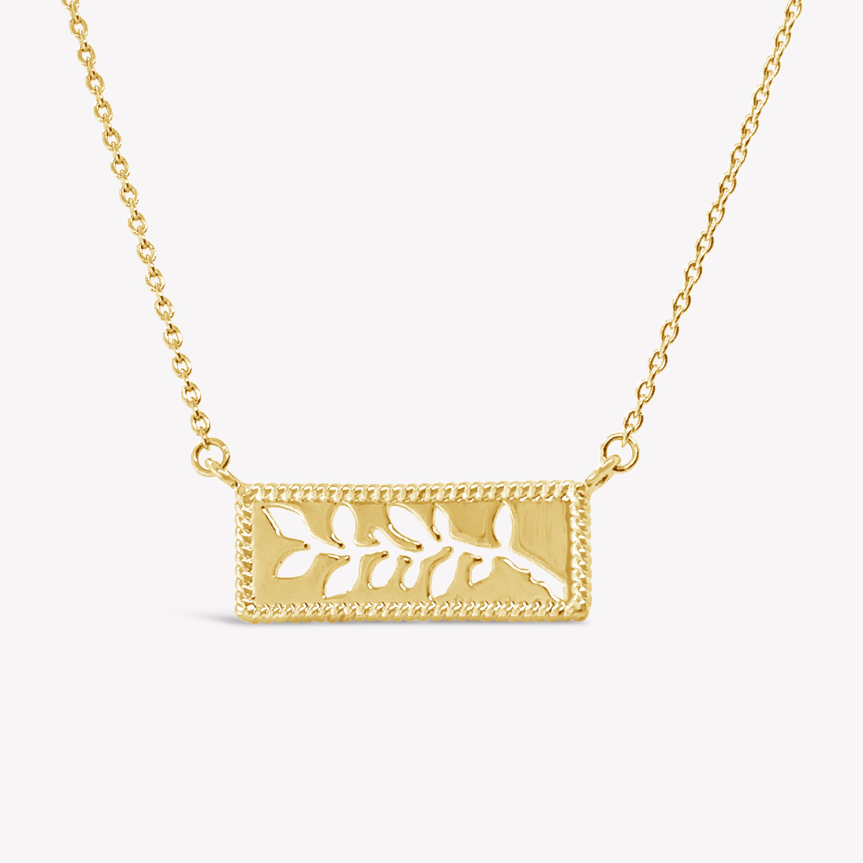 Close up of the 18K gold vermeil Olive Branch Necklace from the Rooted Collection by Rizen Jewelry.