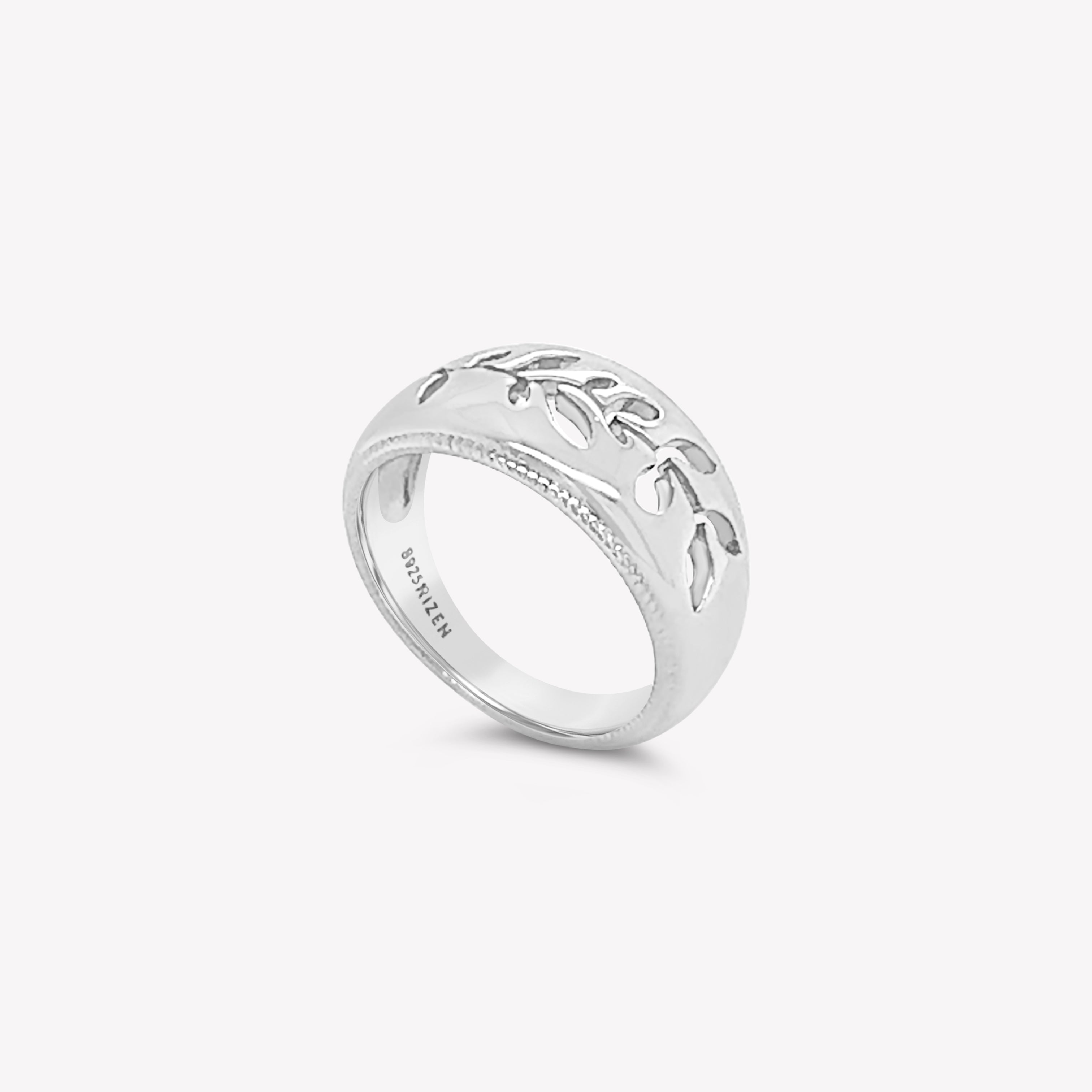 Intricately designed Olive Branch Ring in sterling silver from the Rooted Collection by Rizen Jewelry.