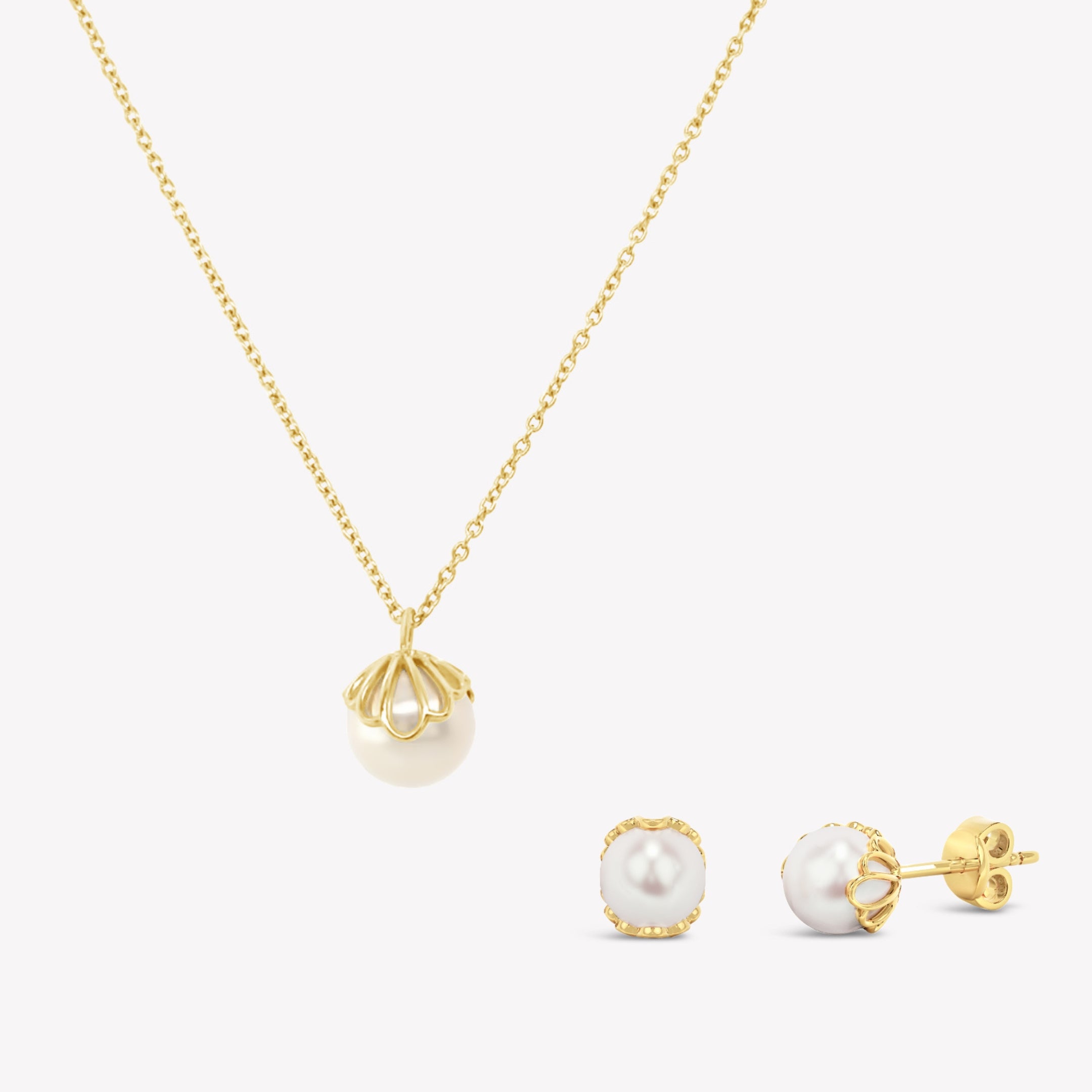 Becoming Necklace Earring Gift Set in 18k yellow gold vermeil featuring the natural freshwater pearl shell encased necklace and earrings. 
