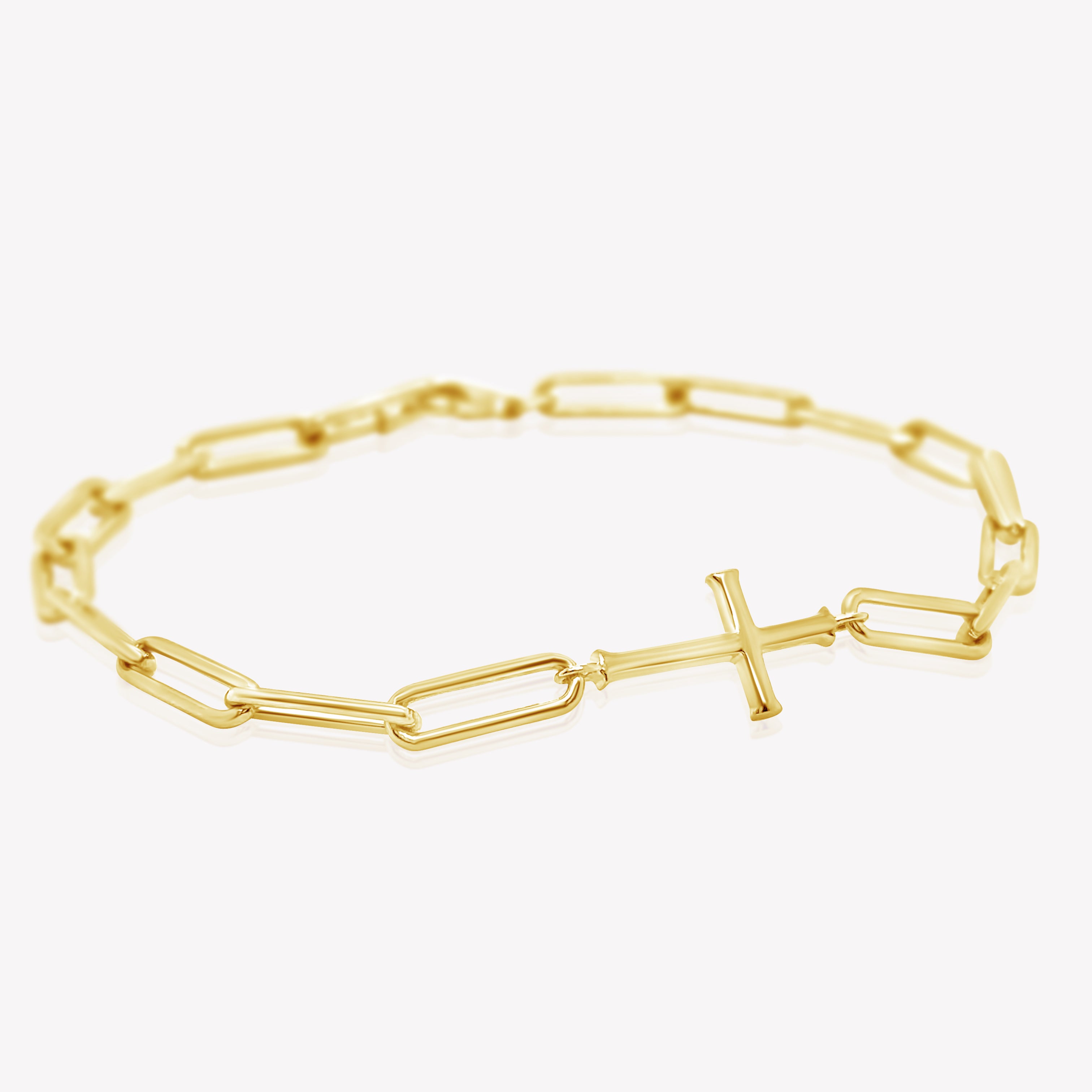 Rizen Jewelry Chain Breaker Bracelet in 18kt yellow gold.  Elegant Cross Pendant breaks up the contemporary paper clip link chain with classic lobster clasp  closure, and circular Rizen tag on last link of chain.