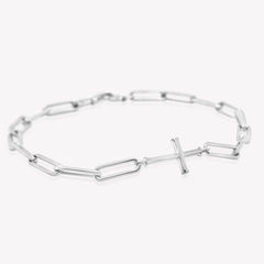 Rizen Jewelry Chain Breaker Bracelet in sterling silver.  Elegant Cross Pendant breaks up the contemporary paper clip link chain with classic lobster clasp  closure, and circular Rizen tag on last link of chain.