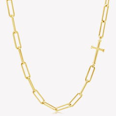 Rizen Jewelry Chain Breaker necklace in 18kt yellow gold.  Elegant Cross Pendant breaks up the paper clip link chain with classic lobster clasp  closure. 