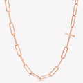 Rizen Jewelry Chain Breaker necklace in 18kt rose gold.  Elegant Cross Pendant breaks up the paper clip link chain with classic lobster clasp  closure. 