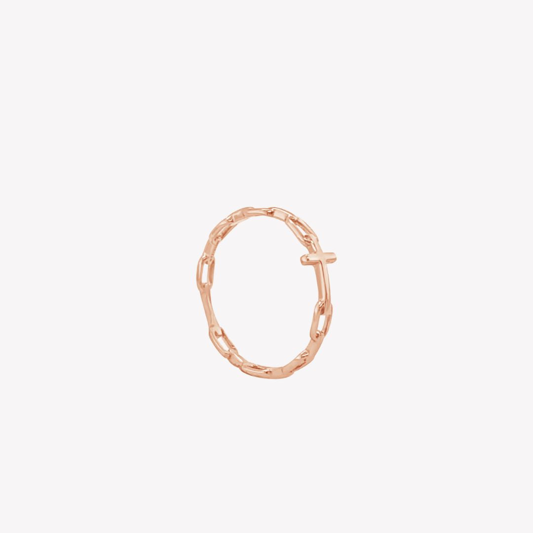 Chain breaker cross ring in 18k rose gold plated from the Calvary Collection. A timeless baptism gift by Rizen Jewelry.