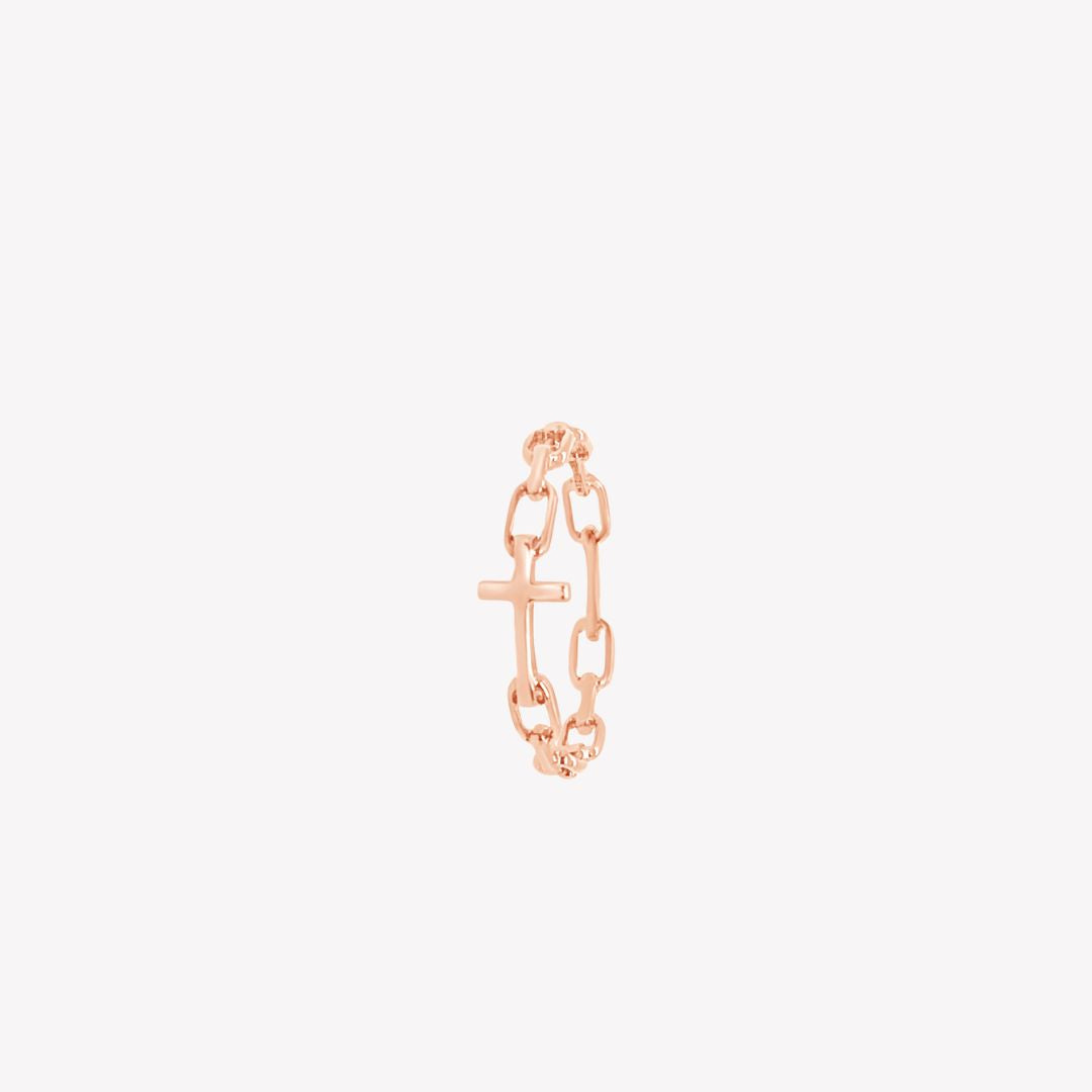 Chain breaker cross ring in 18k rose gold plated from the Calvary Collection. A timeless baptism gift by Rizen Jewelry.

