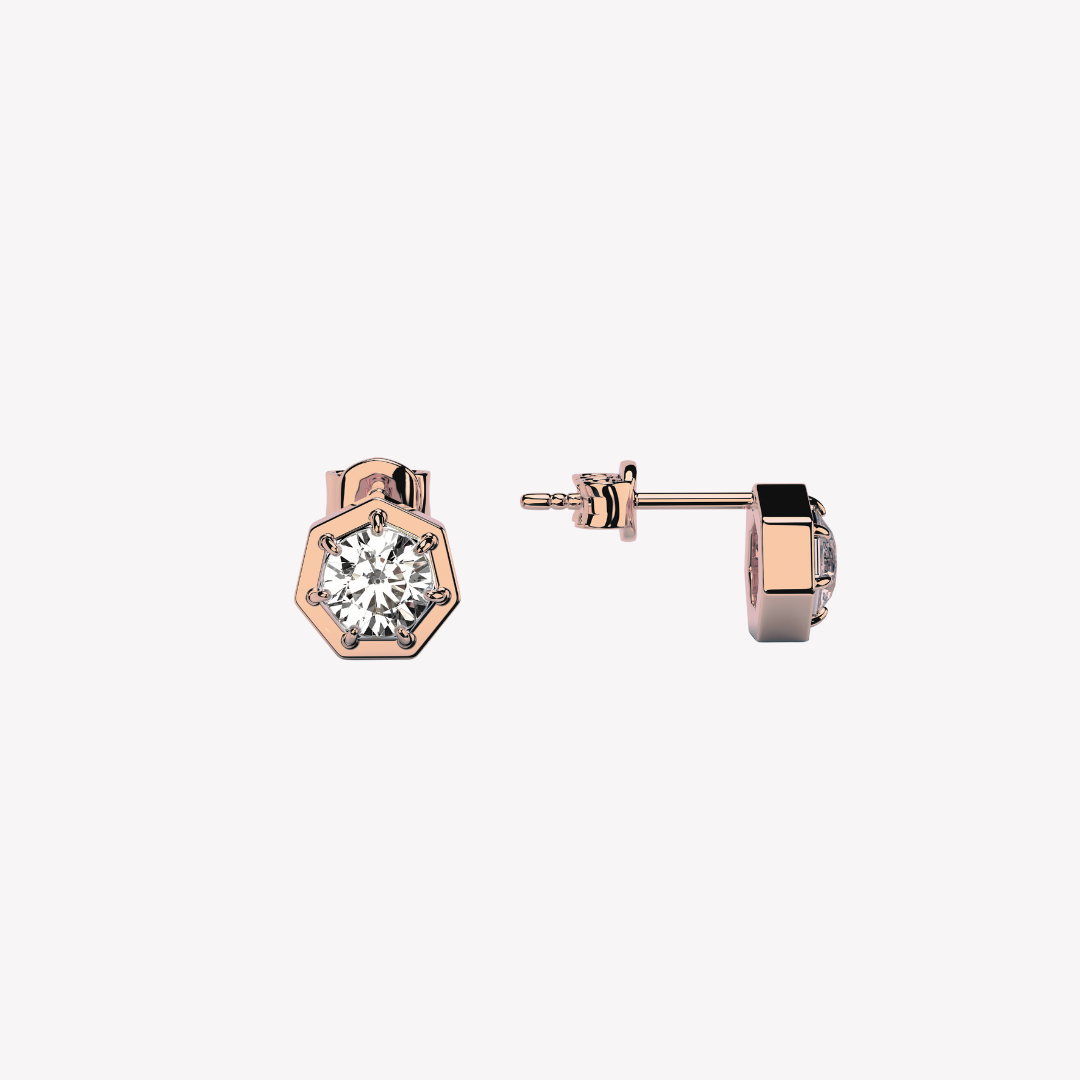 Rizen Jewelry Ebenezer solitaire white topaz earring in rose gold vermeil set in 7 prongs in a heptagon setting from the Chispa Collection.  Edit alt text