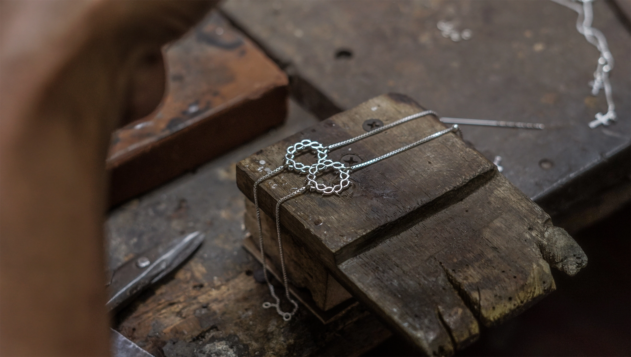 sterling silver Rizen Jewelry Crown of Tthorns Bracelets being assembled on the bench. 