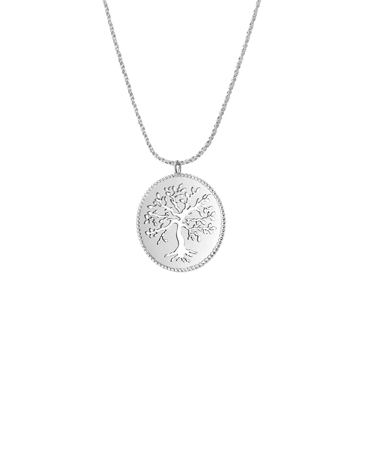 Close up of Olive Tree necklace in sterling silver from the Rooted Collection by Rizen Jewelry. 