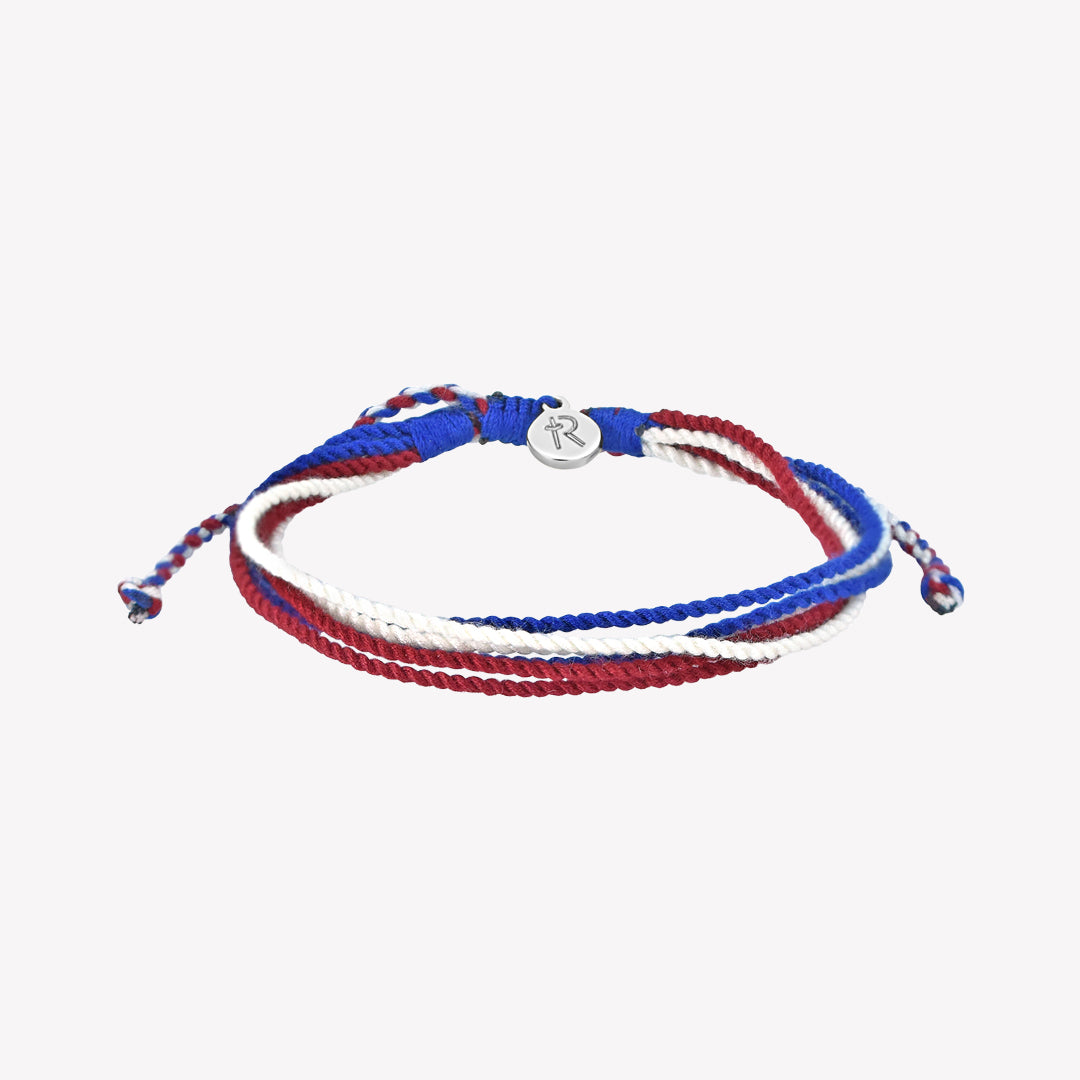  Christian Red White and Blue Be Magnified Peaceful Friendship bracelet with silver round Rizen Jewelry and Made 4 Ministries tag.