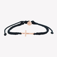 Christian Rose Gold cross bracelet engraved "STAY SALTY" hand braided black cotton cords with round Rizen Jewelry Made 4 Ministries tag. 