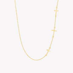 Rizen Jewelry Calvary Cross Necklace with 3 sideways Christian crosses on dainty cable chain in Gold Vermeil