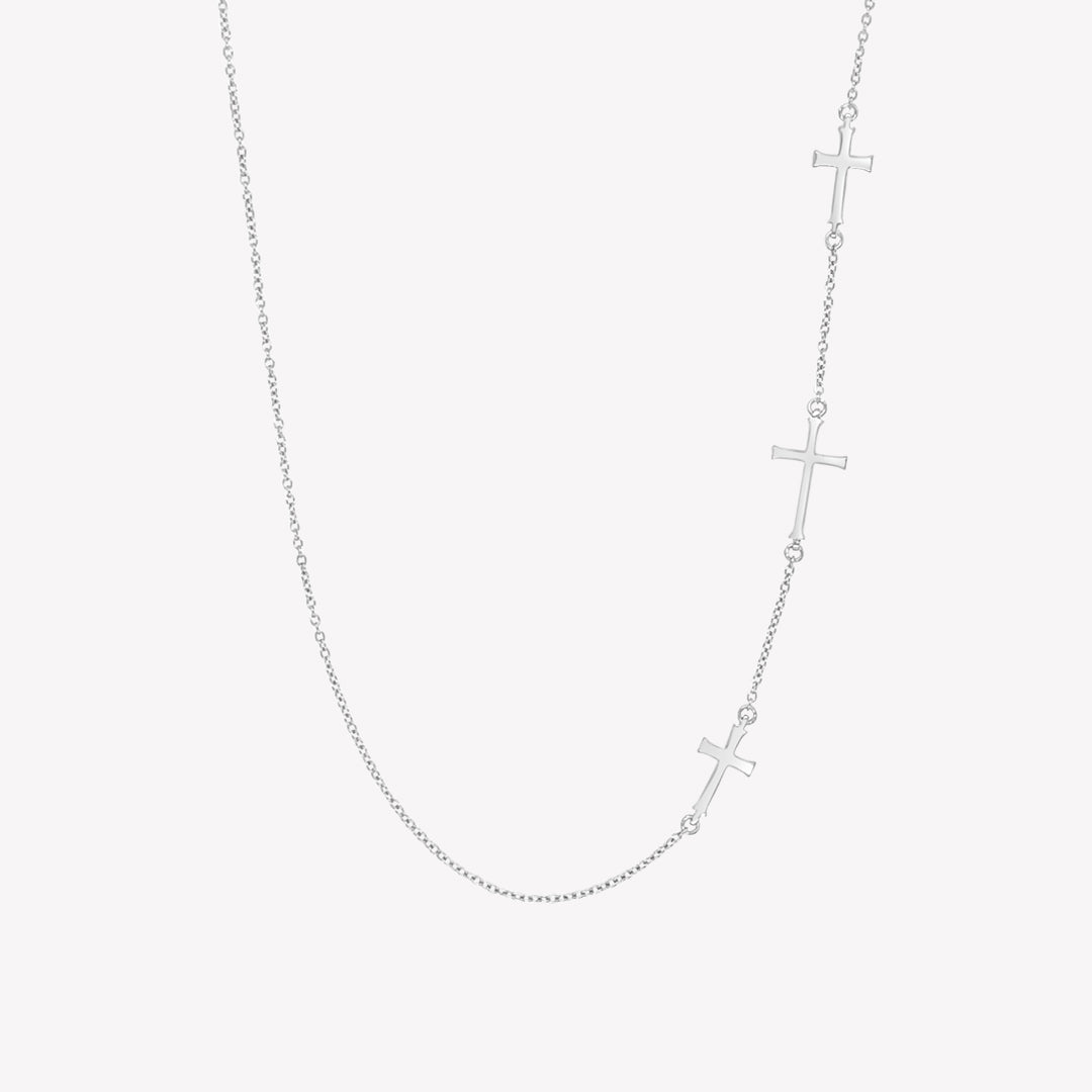 Rizen Jewelry Calvary Cross Necklace with 3 sideways Christian crosses on dainty cable chain in sterling silver.