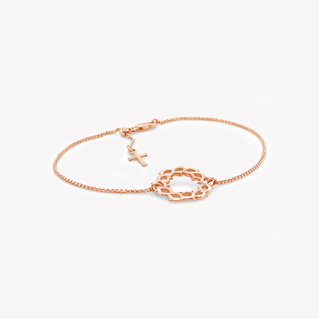 Christian Crown of Thorns Bracelet with Cross tag in rose gold vermeil by Rizen Jewelry. 