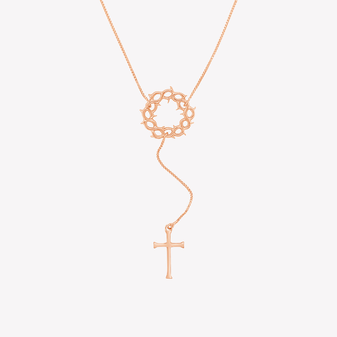 Rose Gold Vermeil Crown of Thorns Y Necklace with Cross Pendant by Rizen Jewelry. 