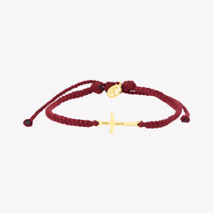 Christian gold cross bracelet engraved "STAY SALTY" hand braided garnet red cotton cords by Rizen Jewelry Made 4 Ministries collection.