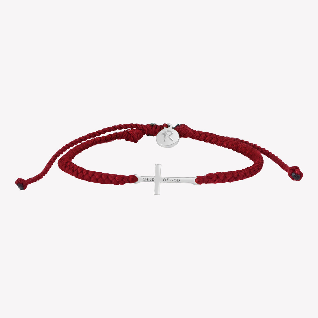 Made 4 Ministries Child of God garnet red silver cross braided friendship bracelet by Rizen Jewelry.