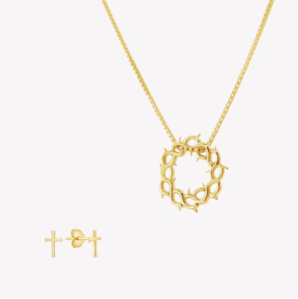 Rizen Jewelry Gold Crown of Thorns Necklace and Gold Cross Stud Earrings Jewelry Set
