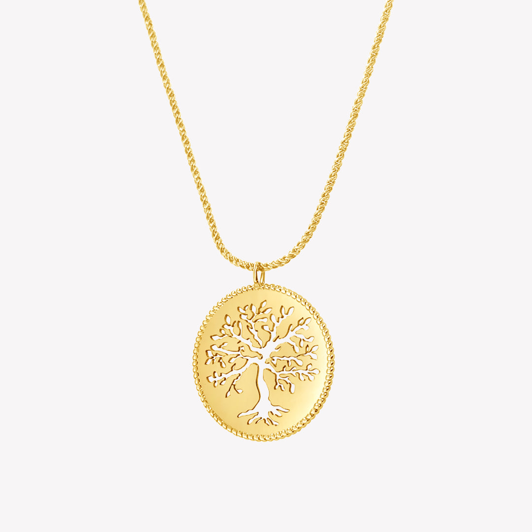 Gold Vermeil Rooted Olive Tree Necklace by Rizen Jewelry on rope chain.  Family tree motif cut out of medallion with beaded border. 