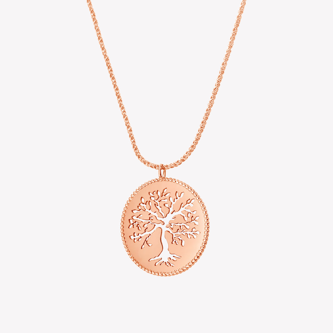Rizen Jewelry Rooted Olive Tree Necklace in Rose Gold Vermeil metal. Tree design is intricately cut out of medallion pendant on a wheat chain. 