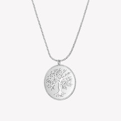 Rooted Olive Tree Necklace in sterling silver with Rizen jewelry cross tag.  Family tree motif cut out of medallion with a beaded border on a rope chain. 