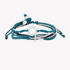 Christian cross silver azure blue stay joyful bracelet set by Rizen jewelry Made 4 Ministries collection.  Features beaded crown of thorns, stay salty cross, joyful be magnified multicord bracelets.