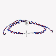Silver cross bracelet hand braided in red, white, blue cotton cord, engraved "WE TRUST IN GOD" with Rizen Jewelry and Made 4 Ministries round disc tag.